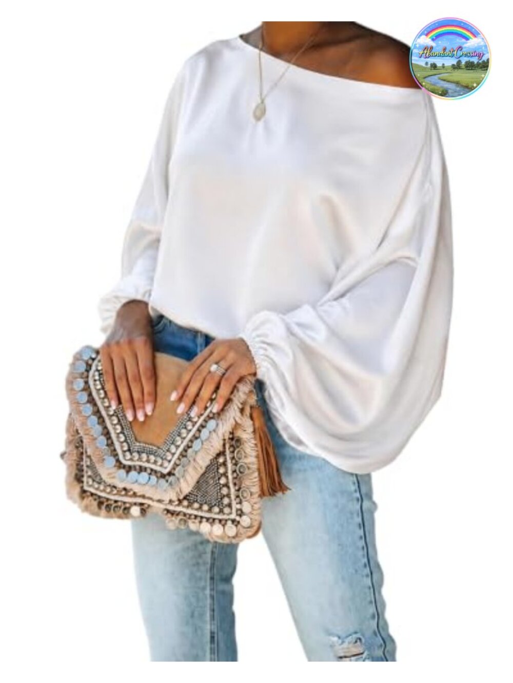 Satin Off Shoulder Blouse Lantern Sleeve Top for Work & Daily